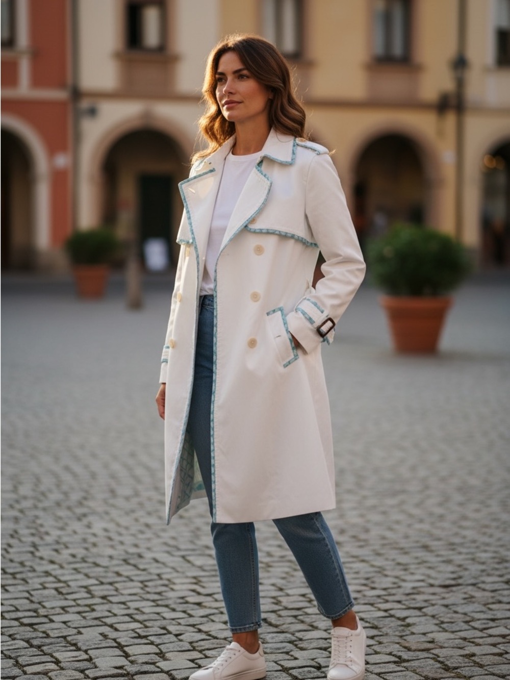 Coach Cream Trench Coat with Light Blue Trim
